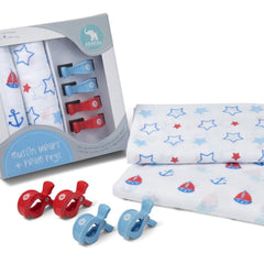 All4Ella Muslin Wraps + Pegs - Nautical Blue